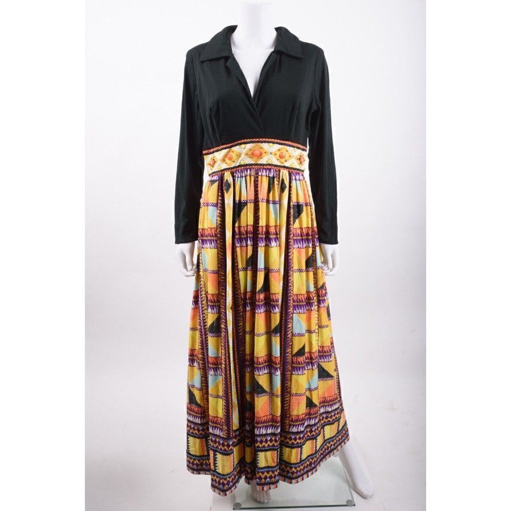 Vintage Womans 70s Maxi Dress Gown Black Multicolor Beaded Colorful Geometric M